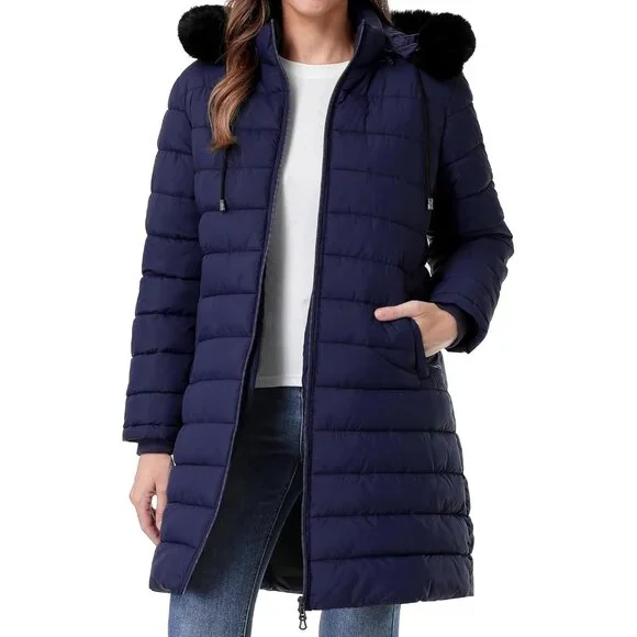 Women's Navy Waterproof Long Down Jacket,warm Winter Hooded Puffer Coat